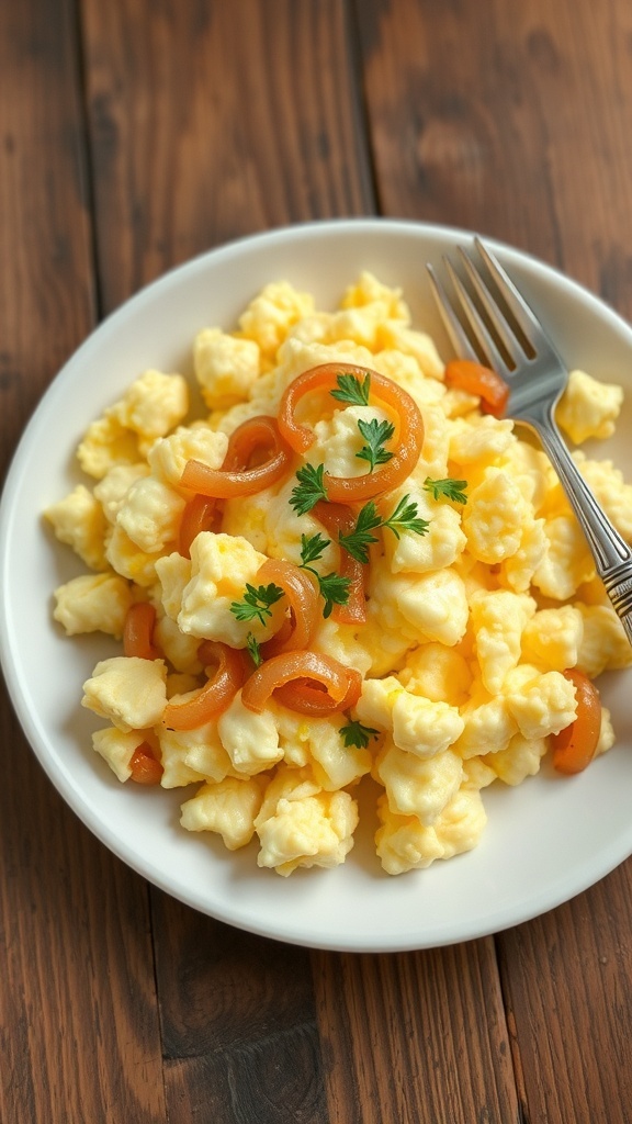 Fluffy scrambled eggs with sautéed onions on a white plate, garnished with herbs on a rustic wooden table.